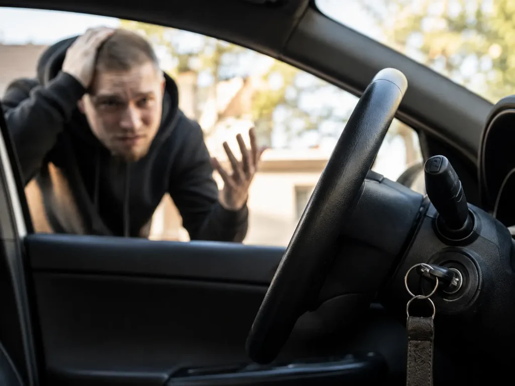 Frustrated driver looking through a car window at keys left inside the ignition.