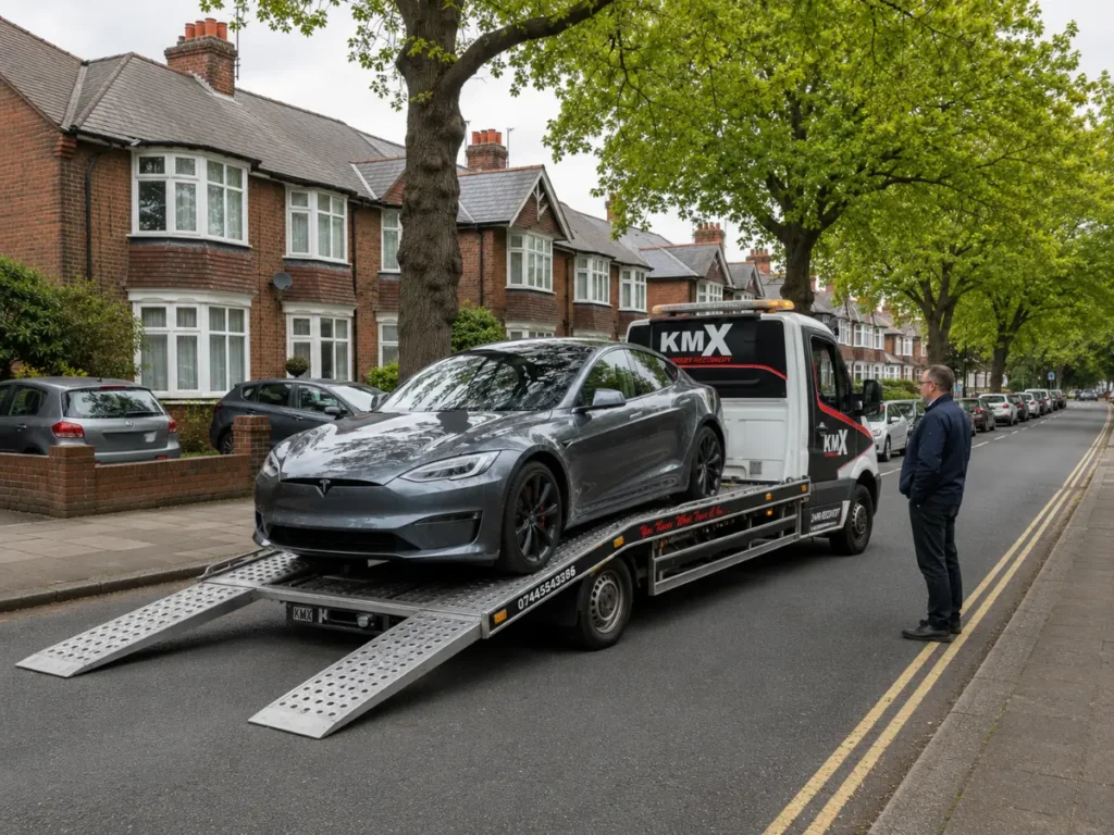 KMX recovery truck transporting a grey automatic car on a flatbed along a residential street.